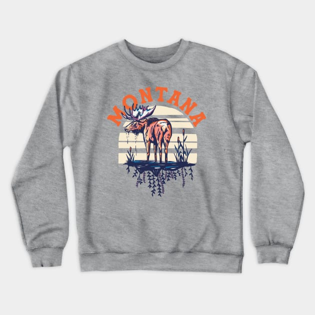 Big Sky Country Montana. Cool Retro Shirt Art Featuring A Moose Crewneck Sweatshirt by The Whiskey Ginger